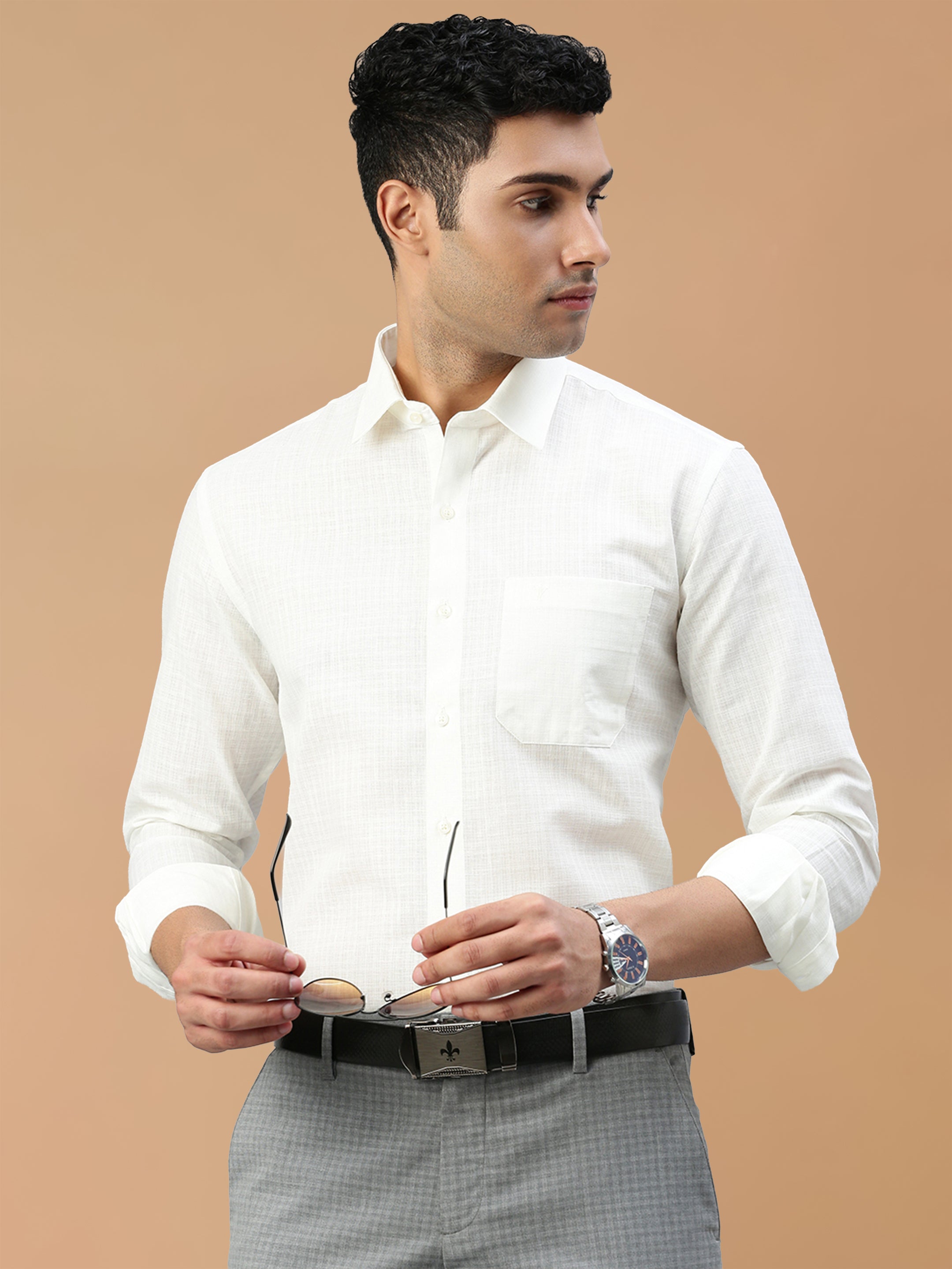 Cotton Rich Self Design Cream Regular Fit Shirt Celebrity 2