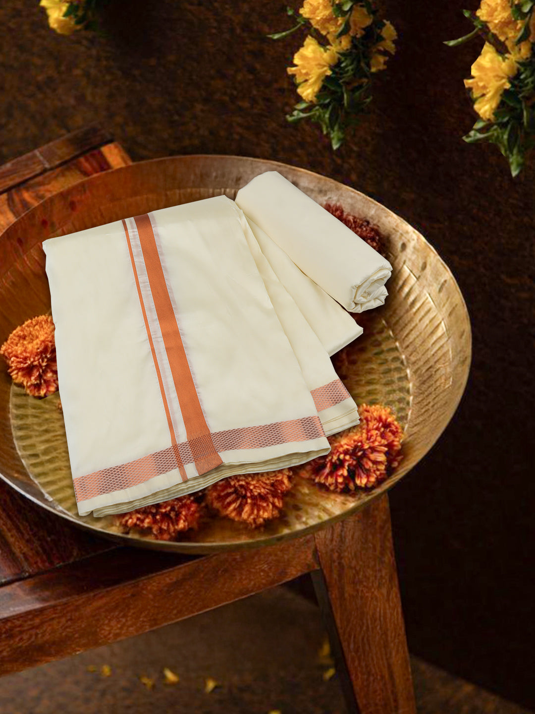 Men Art Silk Jari Dhoti & Shirting Set Copper Shubha Hora (3*1)