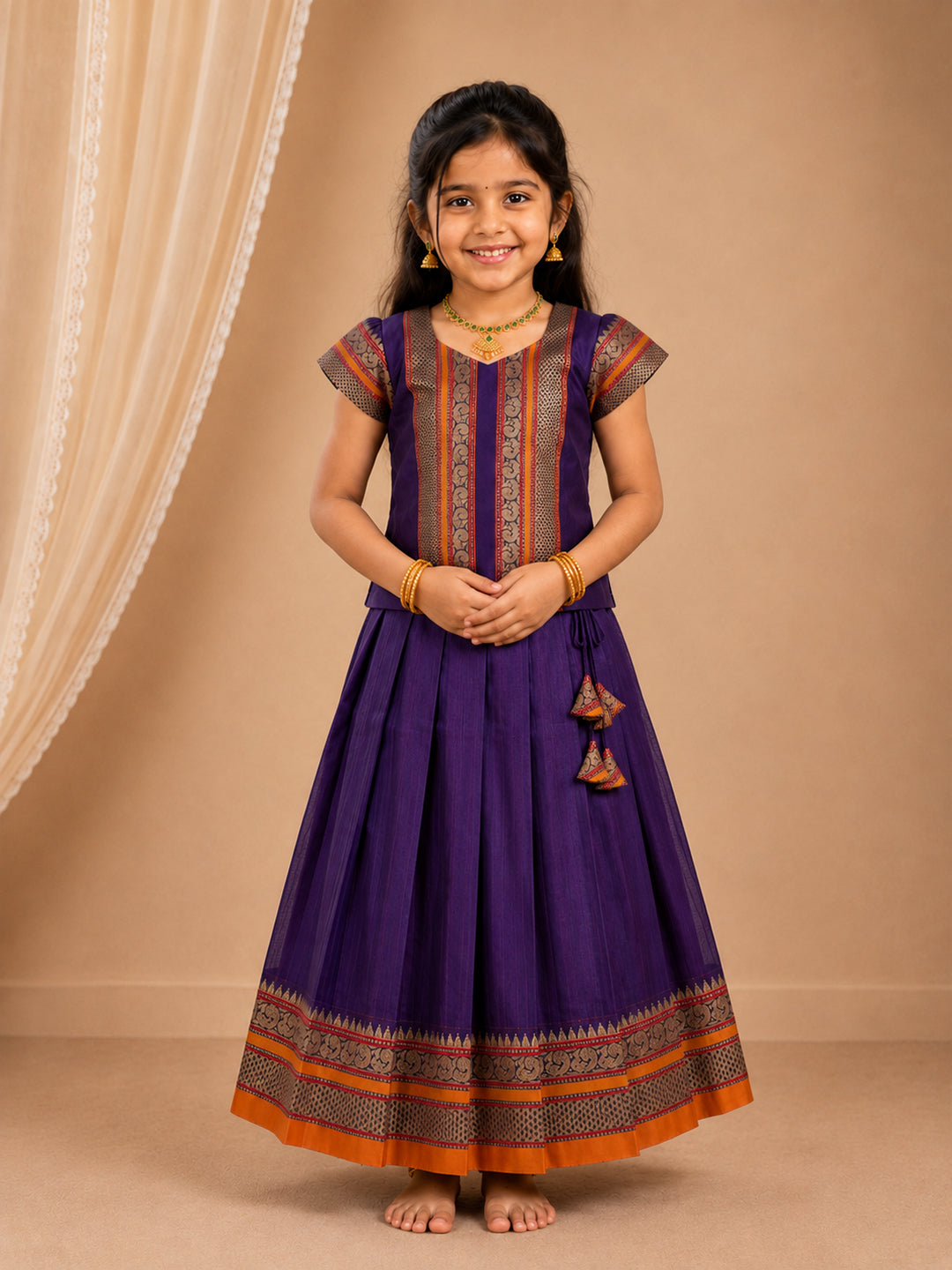 Girls Cotton Purple Pattu Pavadai Set GPS46