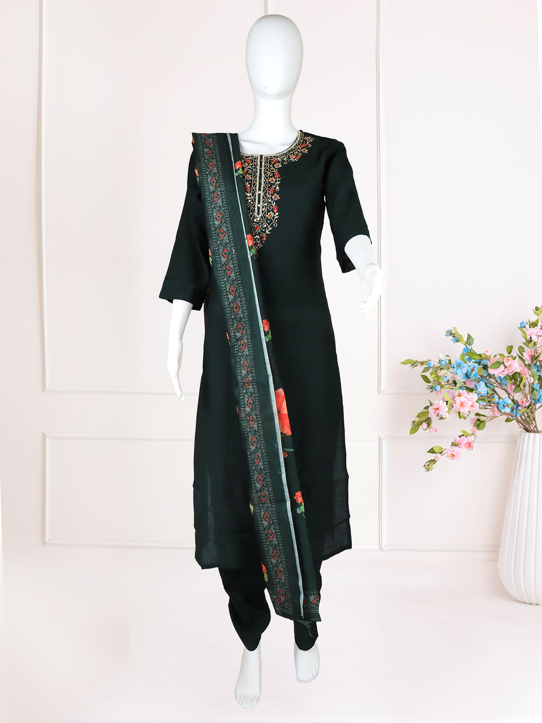 Women Silky Crush Embroidered Kurti Set Dark Green EKS92