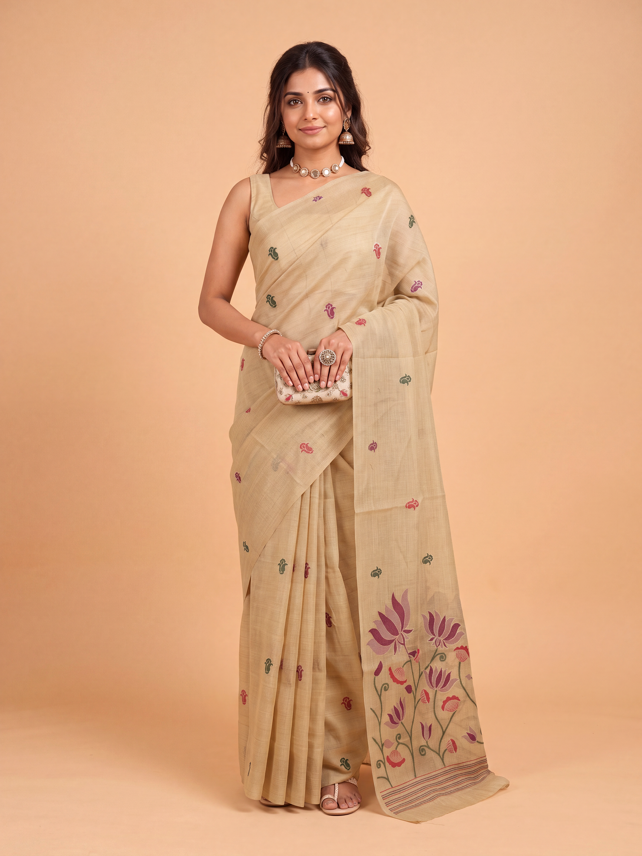Women Light Brown Spun Poly Printed Saree SP12