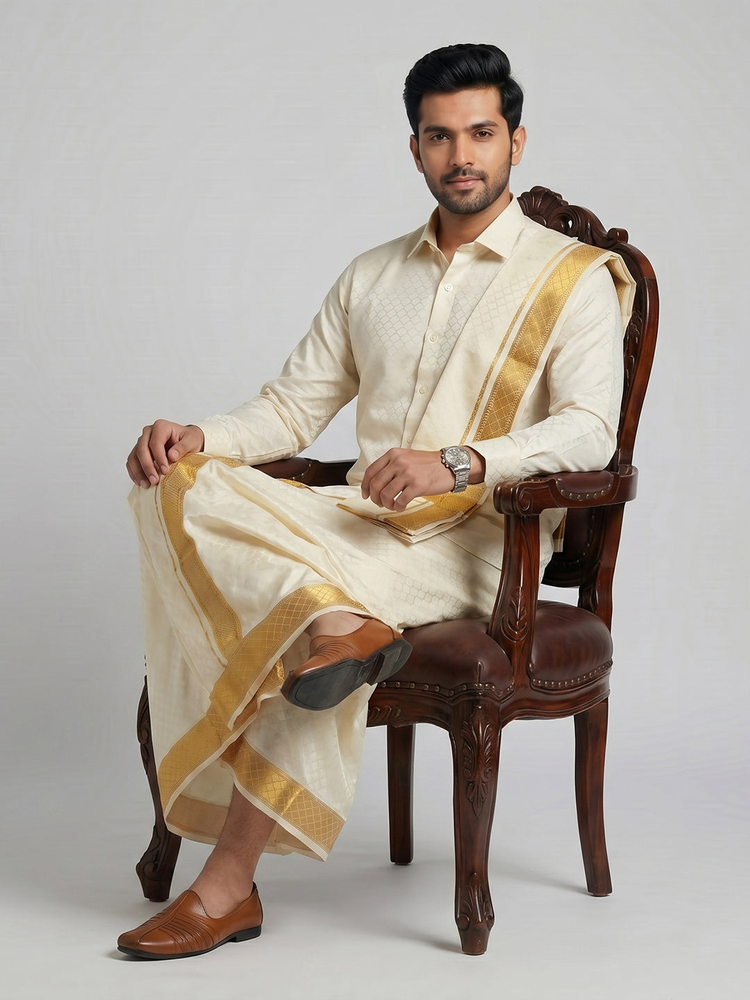Men Art Silk Cream Self Design Shirt & Dhoti Towel Set Parinayam Grand CRJD3
