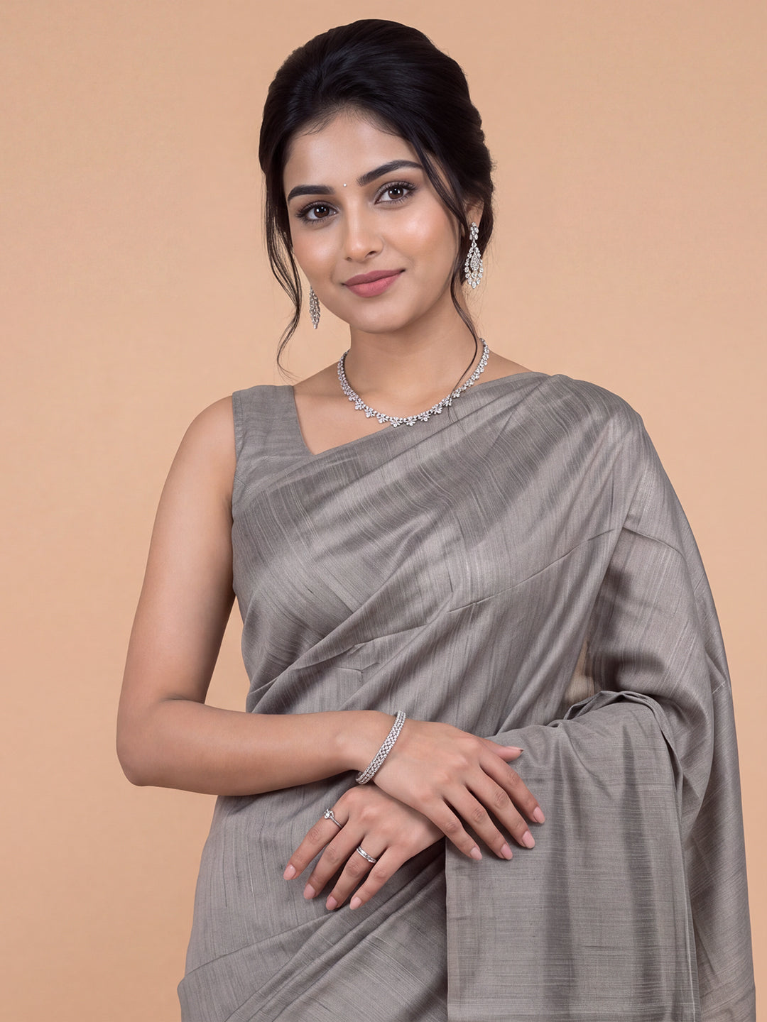 Women Semi Tussar Dark Grey Striped Saree ST361