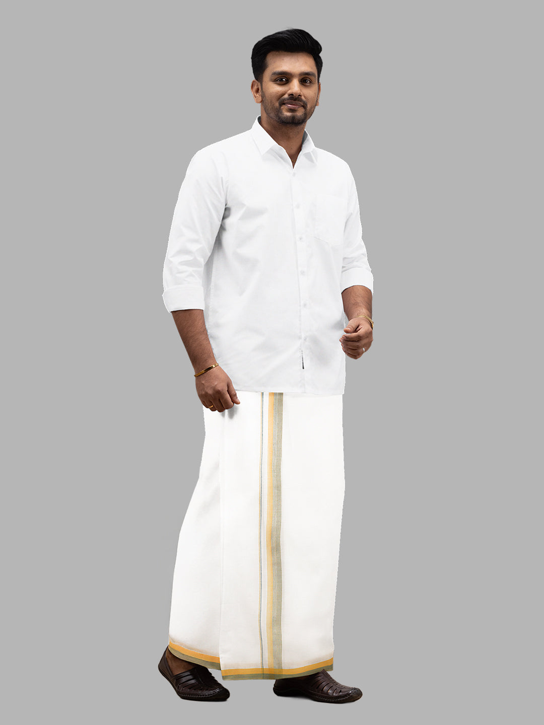 Men Yellow Fancy Border Double Layer White Dhoti RVS01