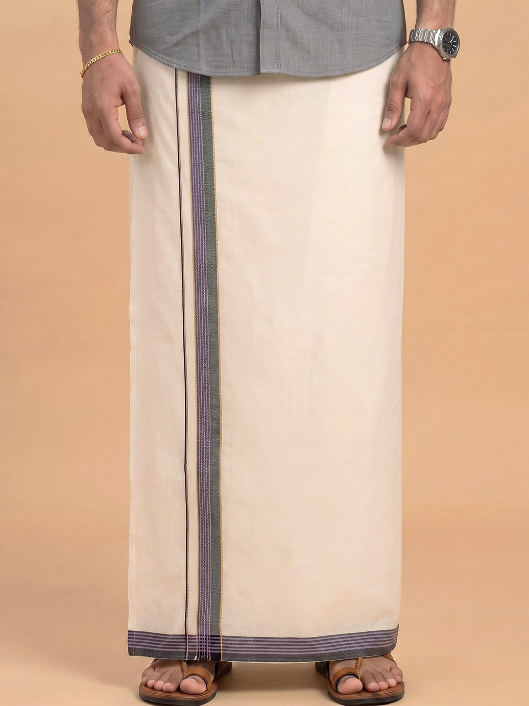 Double Layer 100% Cotton Cream Kora Dhoti with Colour Jari Border - SSJ01