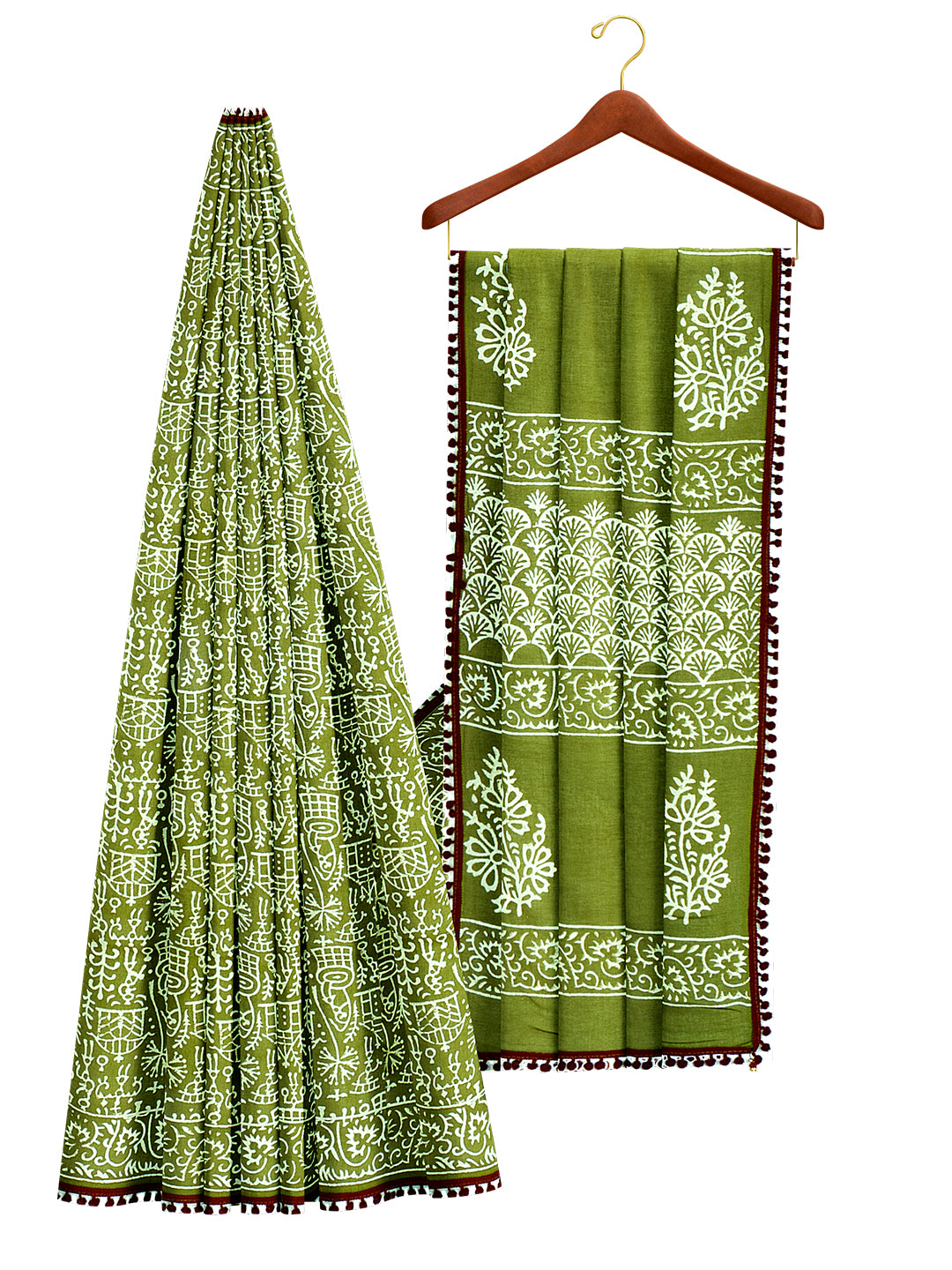 Women's Pure Cotton All over Printed Green with White Colour Saree PCS10