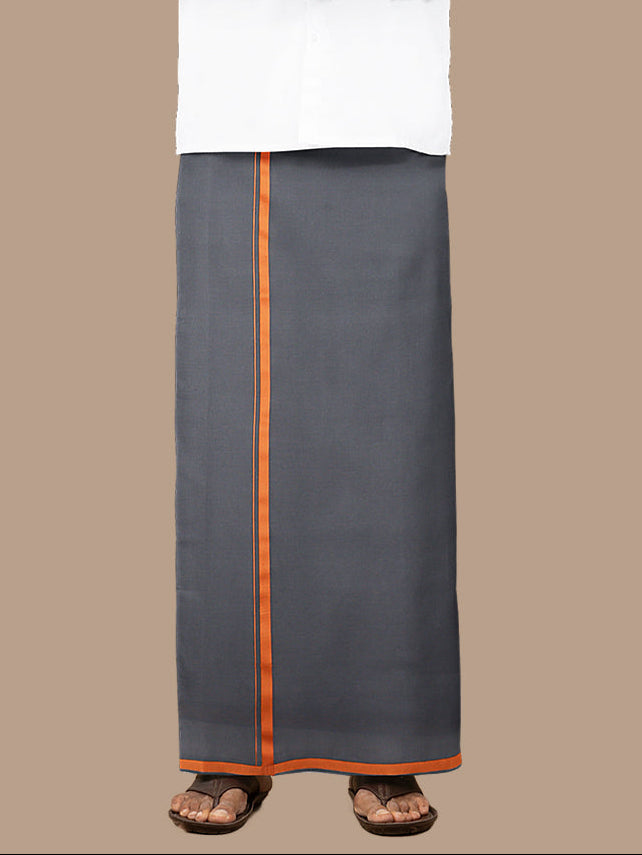 Men 100% Cotton Single Layer Grey Dhoti with Big Border Poojan