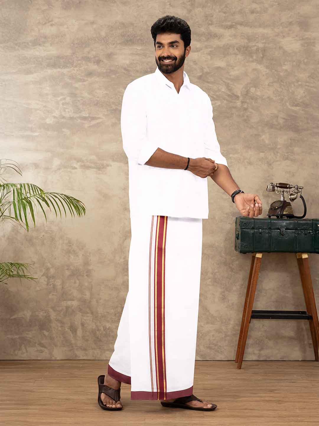 Men Cotton Blend Double Layer White Dhoti with Fancy Jari Border TGJF03