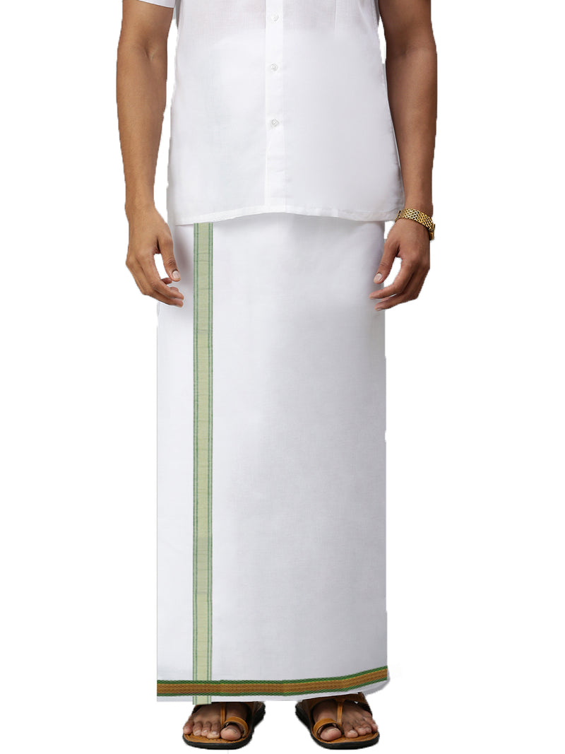 Mens Single Dhoti White Gold and Green Fancy Border Yaganti