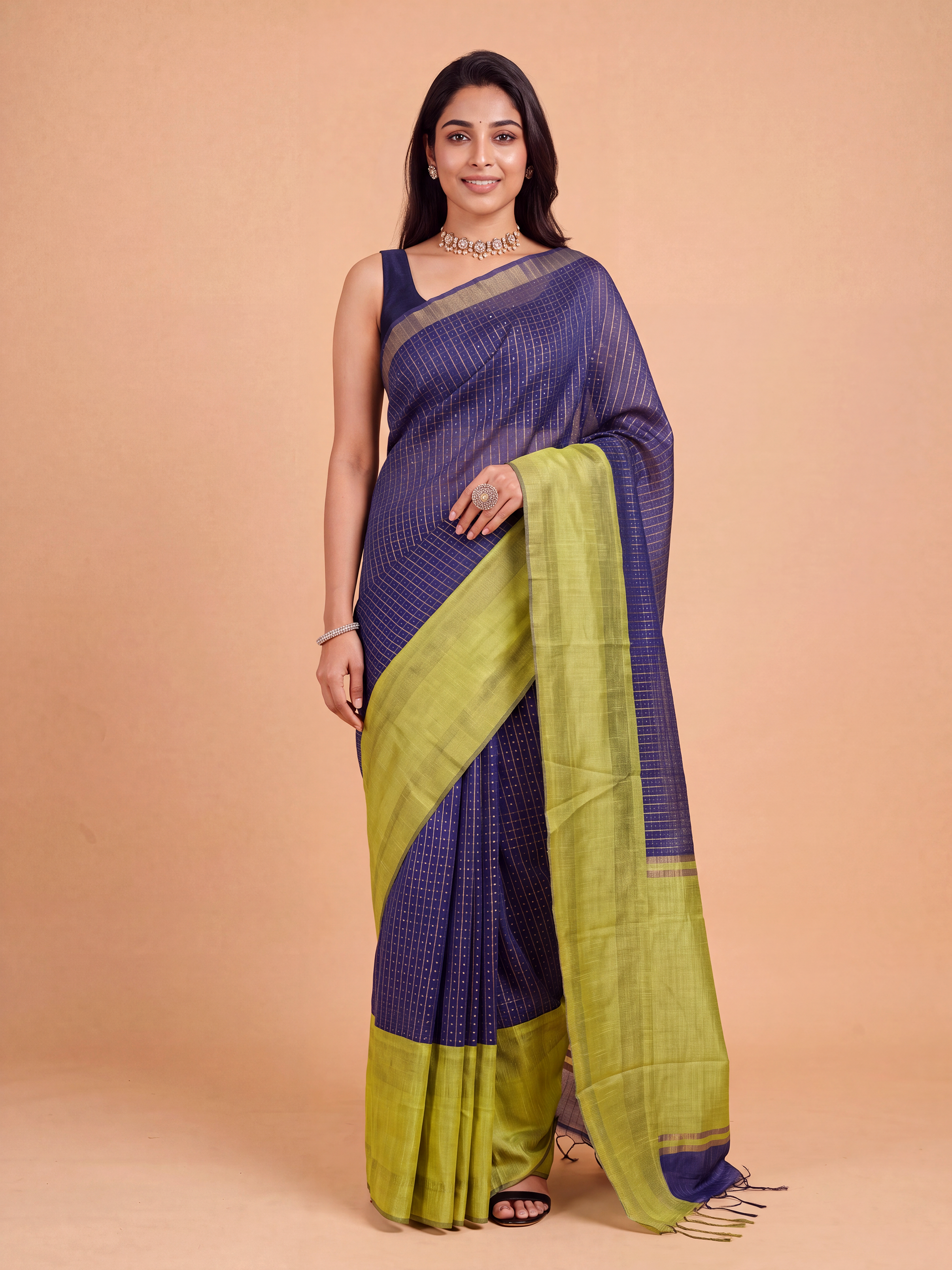Women Semi Linen Dark Blue Checked Fancy Saree SL262