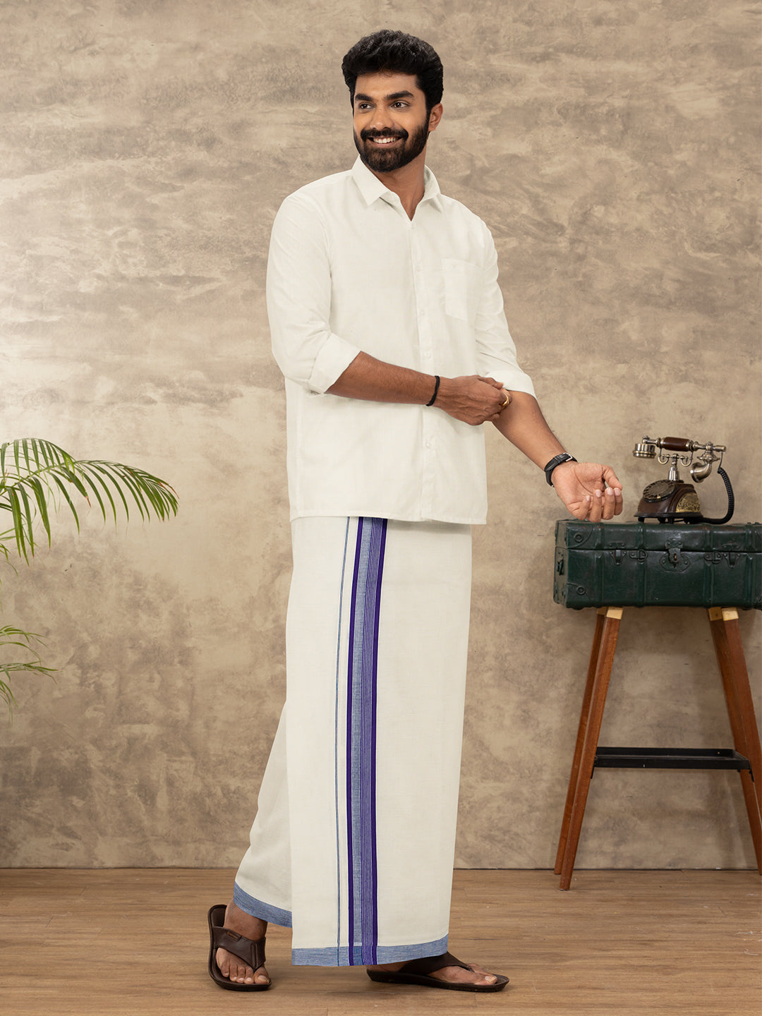 Men Kora Cotton Double Layer Dhoti with Fancy Border EF01