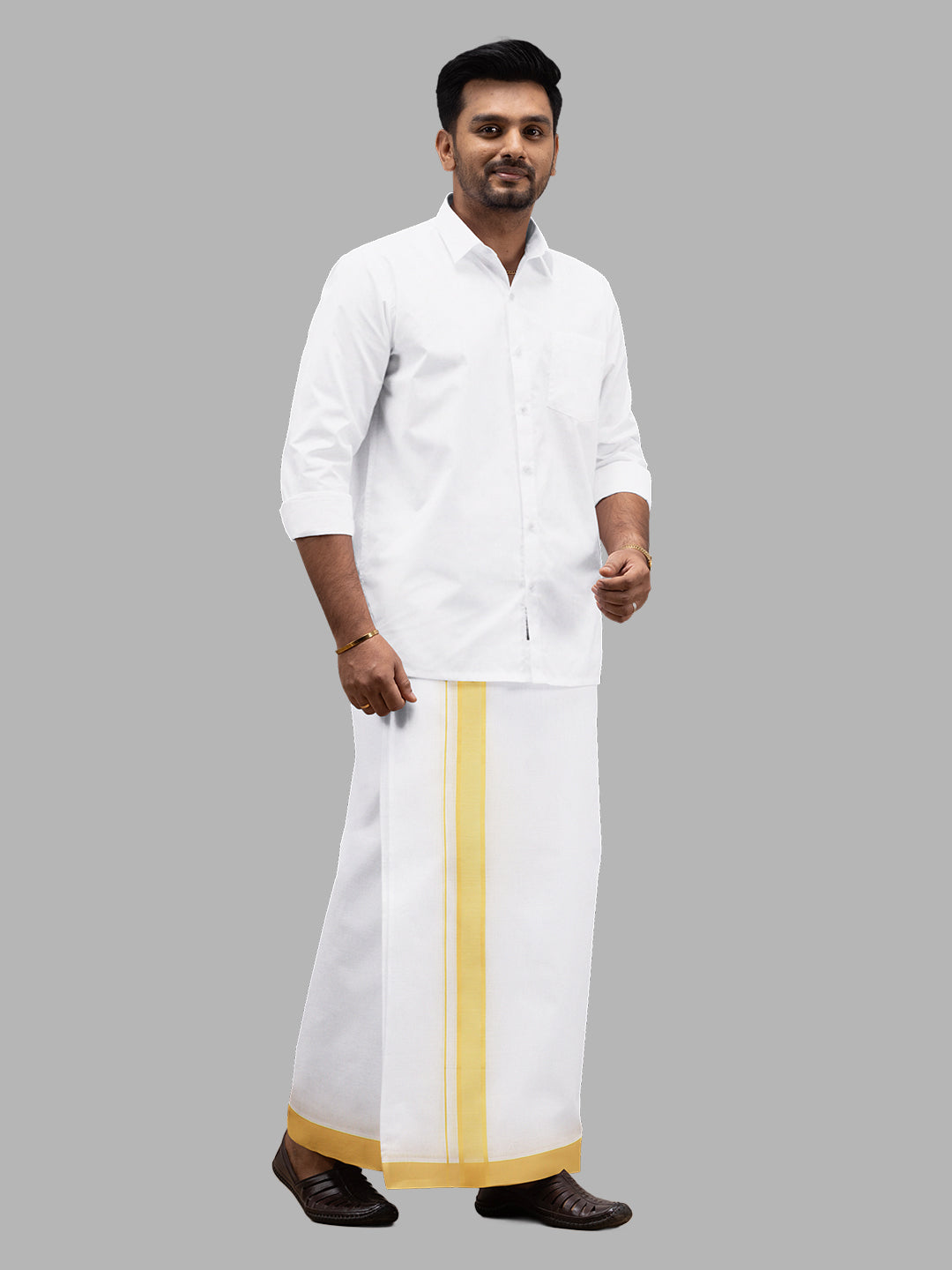 Men 100% Cotton Double Layer White Dhoti with Fancy Border RPN06
