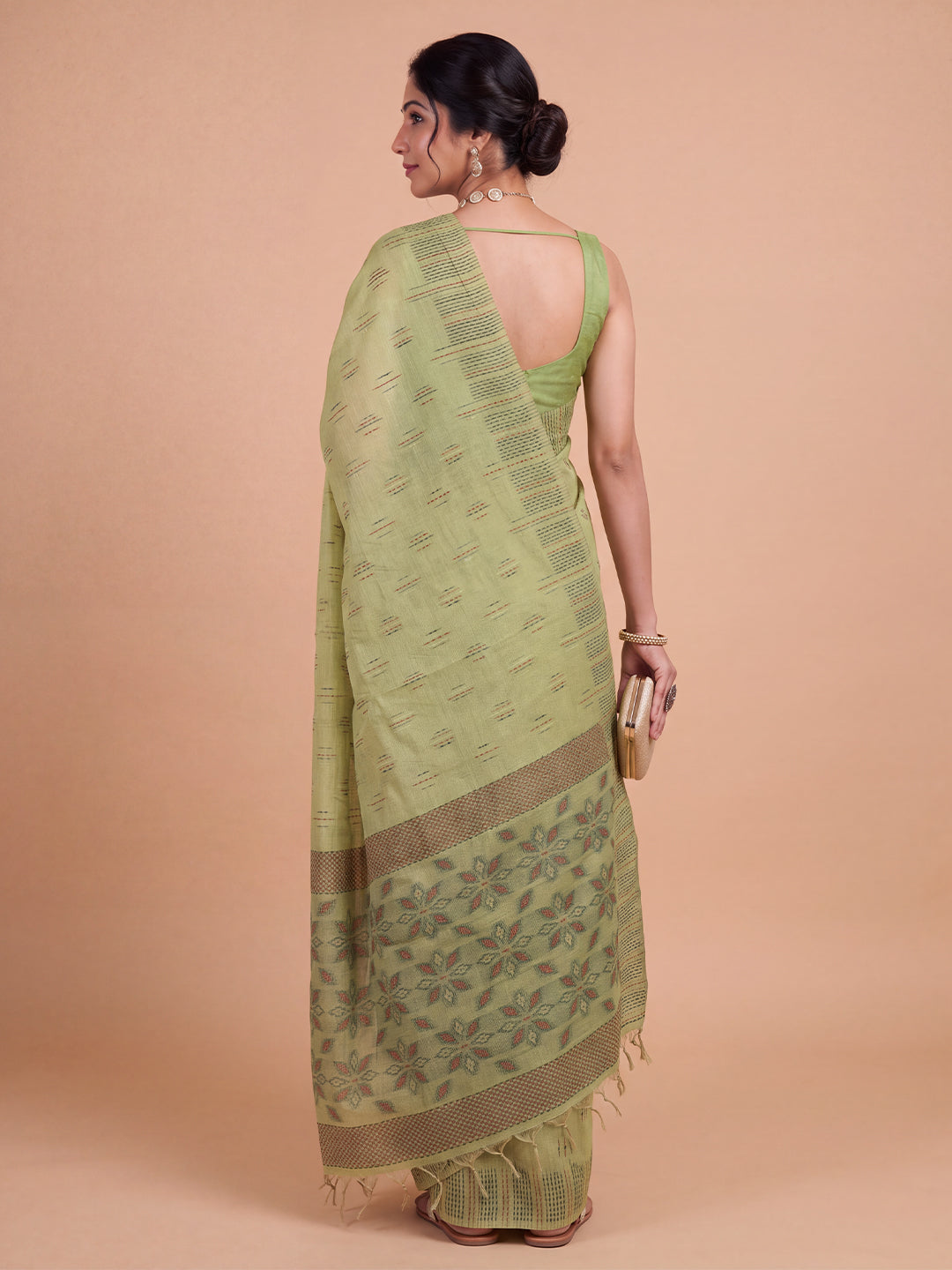 Women Kora Cotton Green Printed Saree KC04