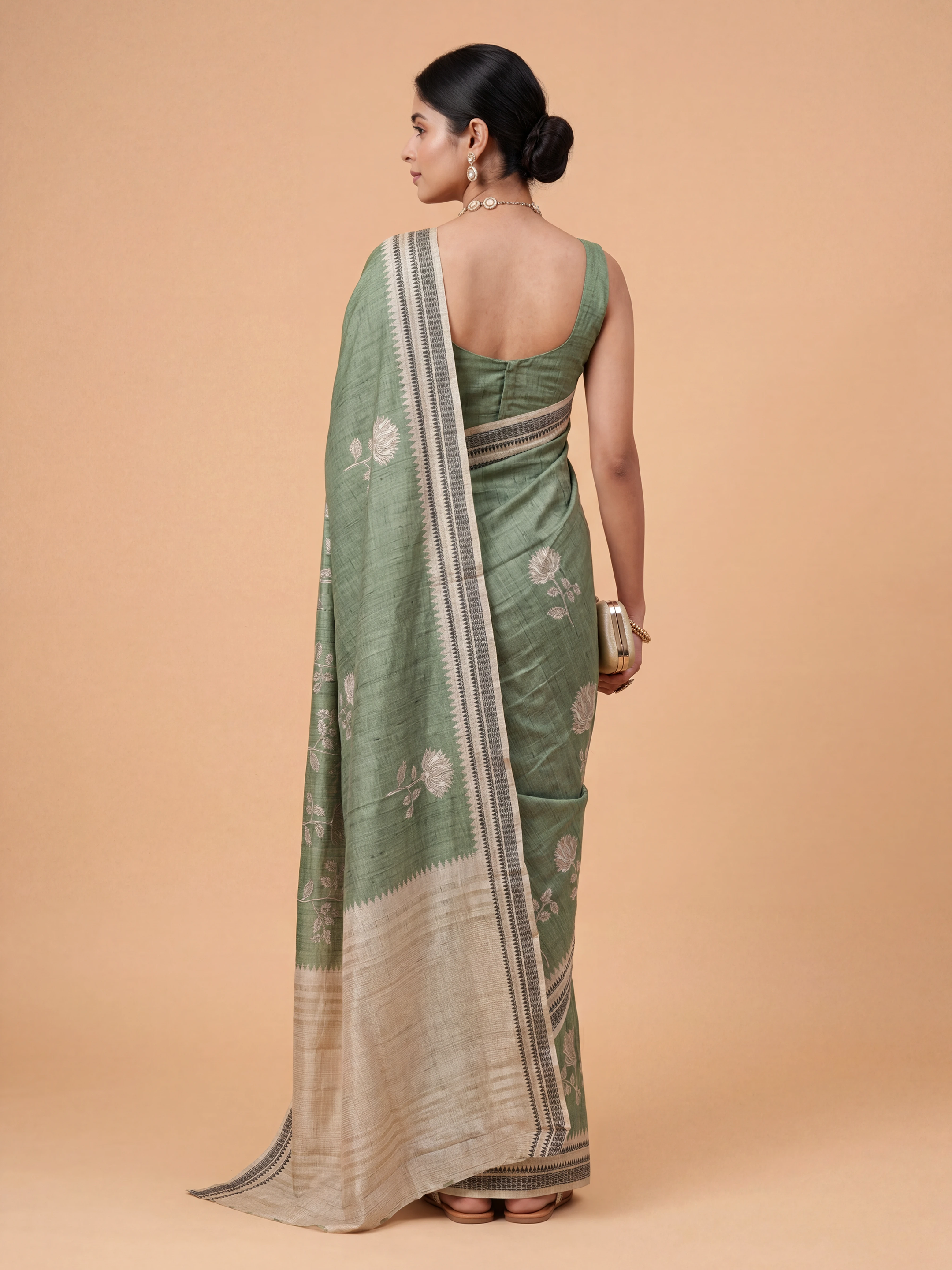 Women Semi Tussar Printed Green Saree ST339