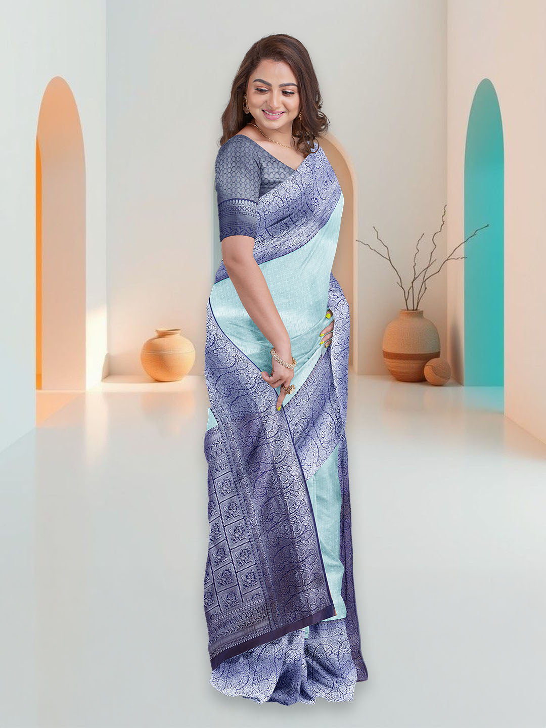 Women Cyan Blue Art Silk Printed Saree ASS87