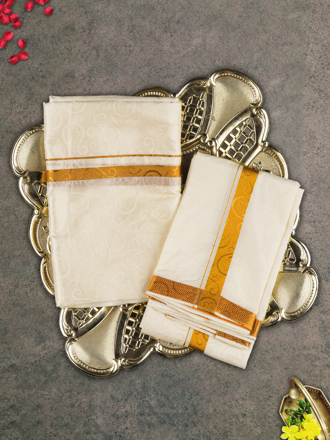 Mens Gold Border Double Dhoti Sets Ishwaryam Embose