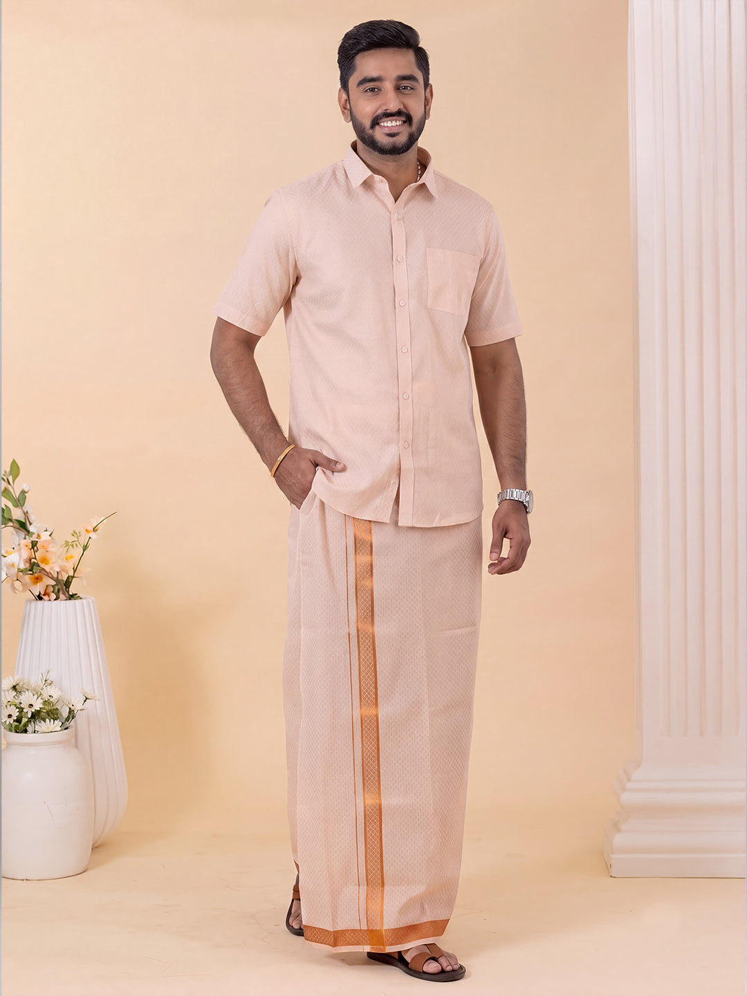 Tissue Copper Jacquard Shirt & Dhoti Set CD12