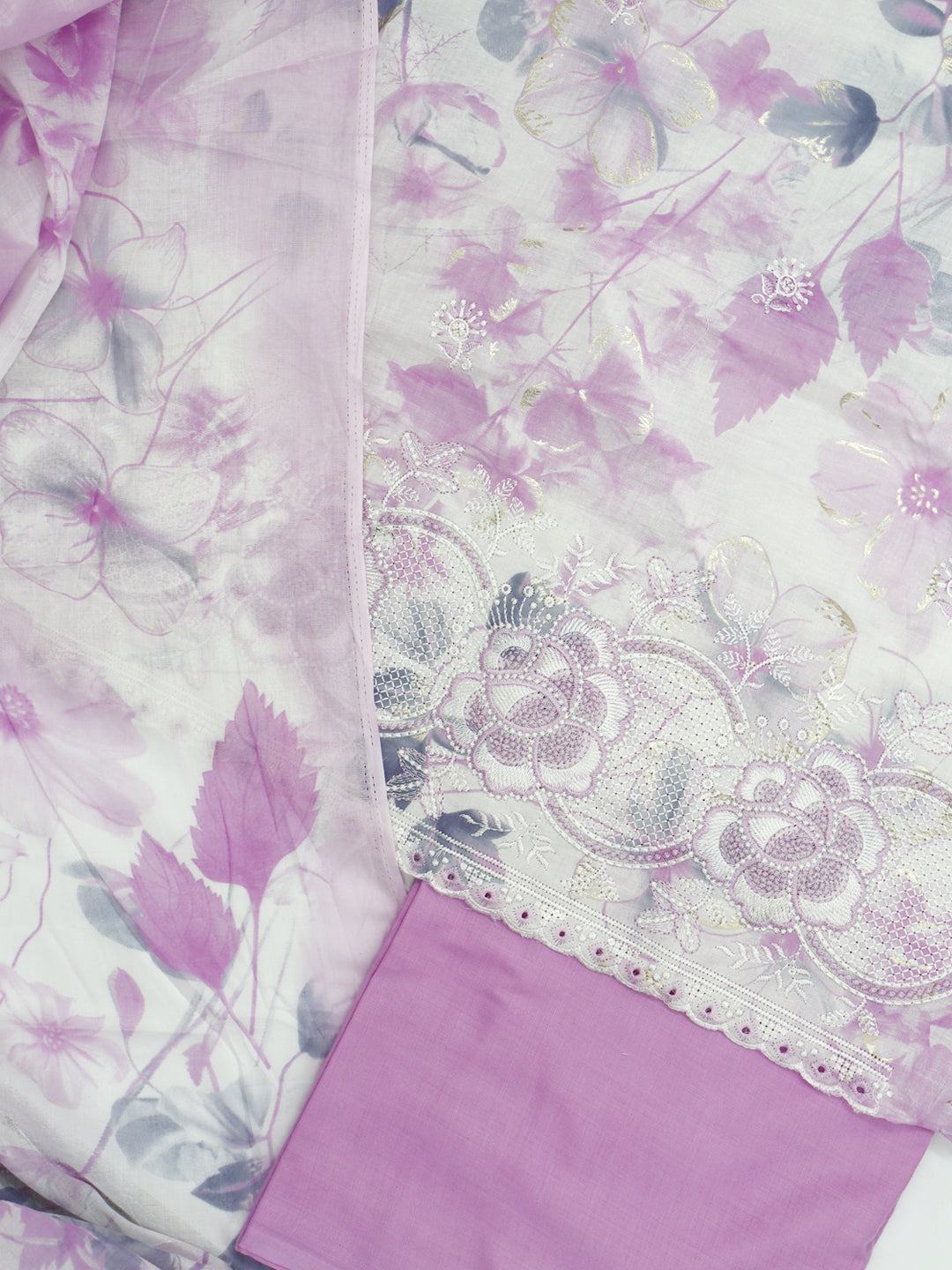 Women Cotton Embroidered Dress Material White with Violet DM360