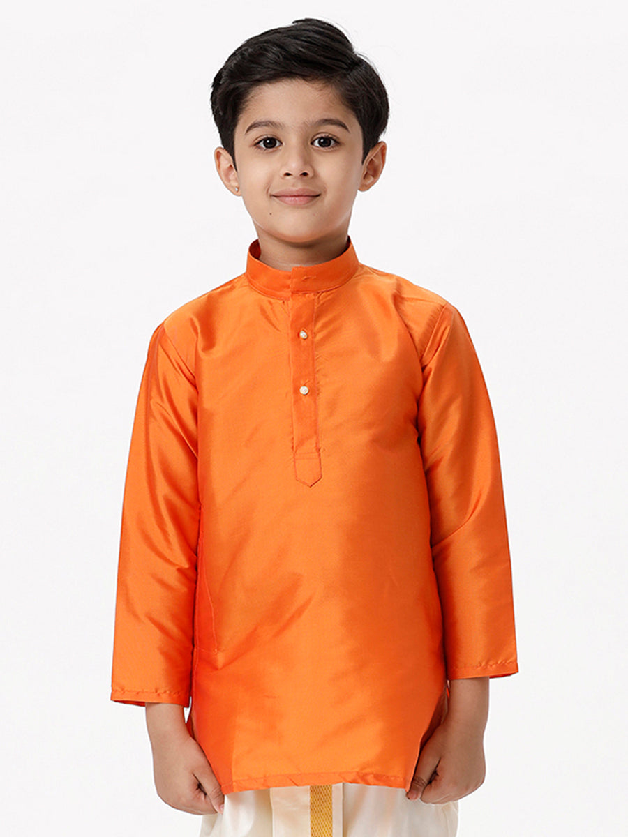 Boys Silk Cotton Full Sleeves Orange Kurta