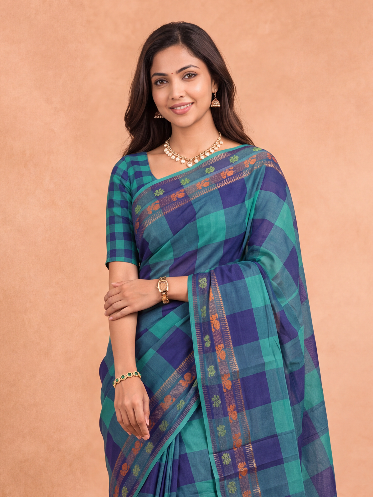 Women Chettinad Cotton Violet with Green Saree CCS17
