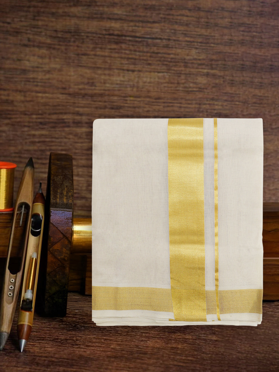 Men Premium Handloom Cream Dhoti with Gold Jari Border HLM91