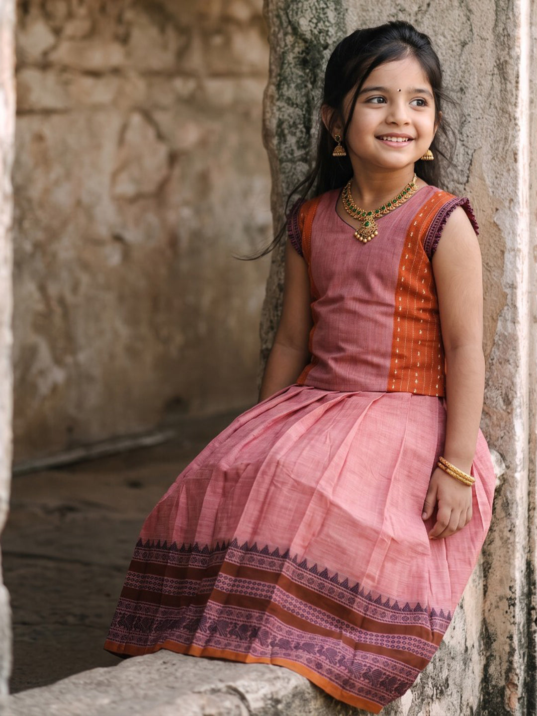 Girls Cotton Lilac with Brown Pattu Pavadai Set GPS51