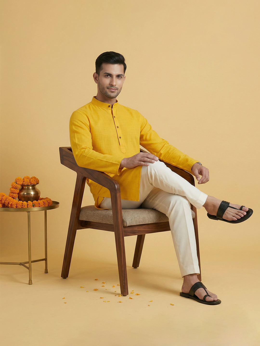 Cotton Medium Length Self Design Pocket Kurta Yellow D2