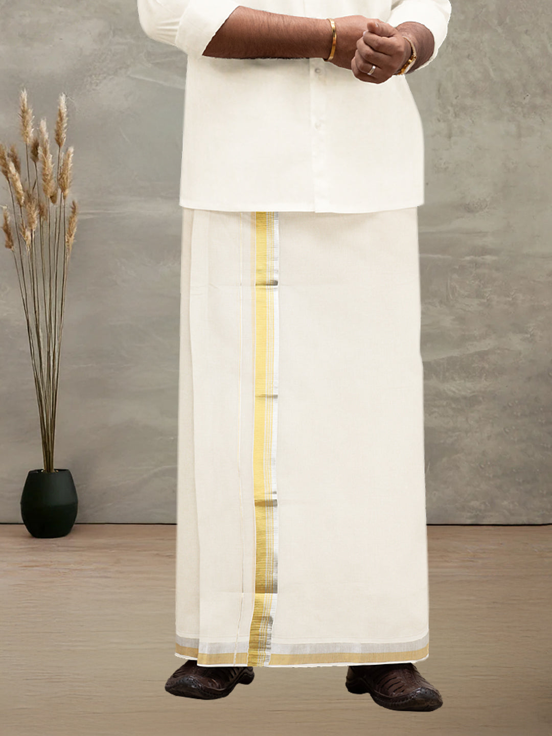 Men Kora Cotton Double Layer Dhoti with Gold & Silver Jari Border GC