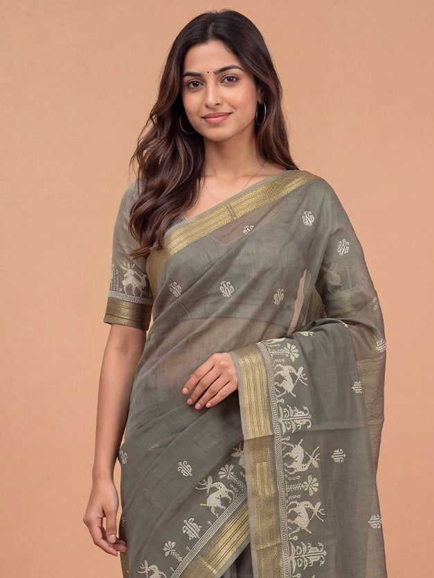 Women Semi Linen Greyish Green Embroidered Saree SL273