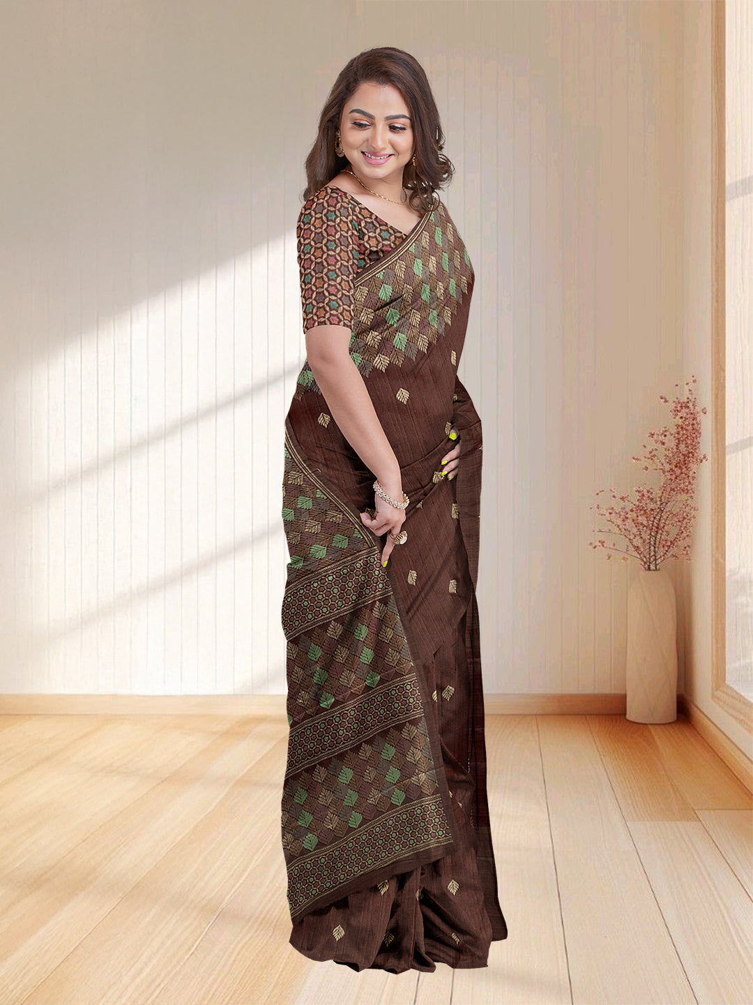 Women Brown Semi Tussar Printed Saree ST256