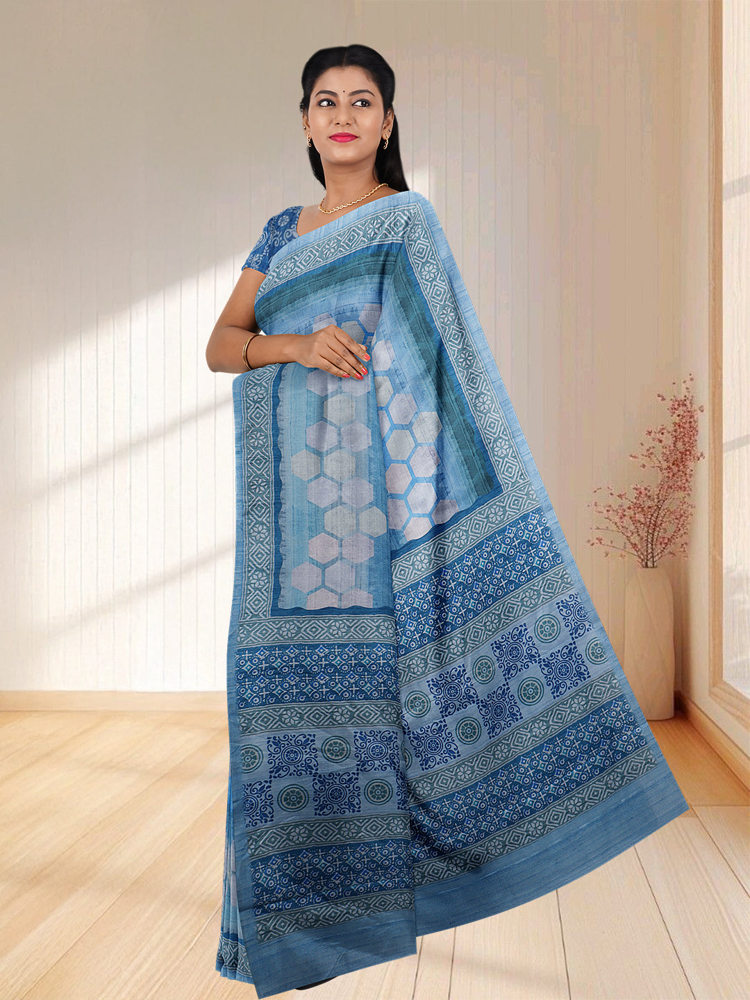 Women Blue Semi Tussar Printed Saree ST257