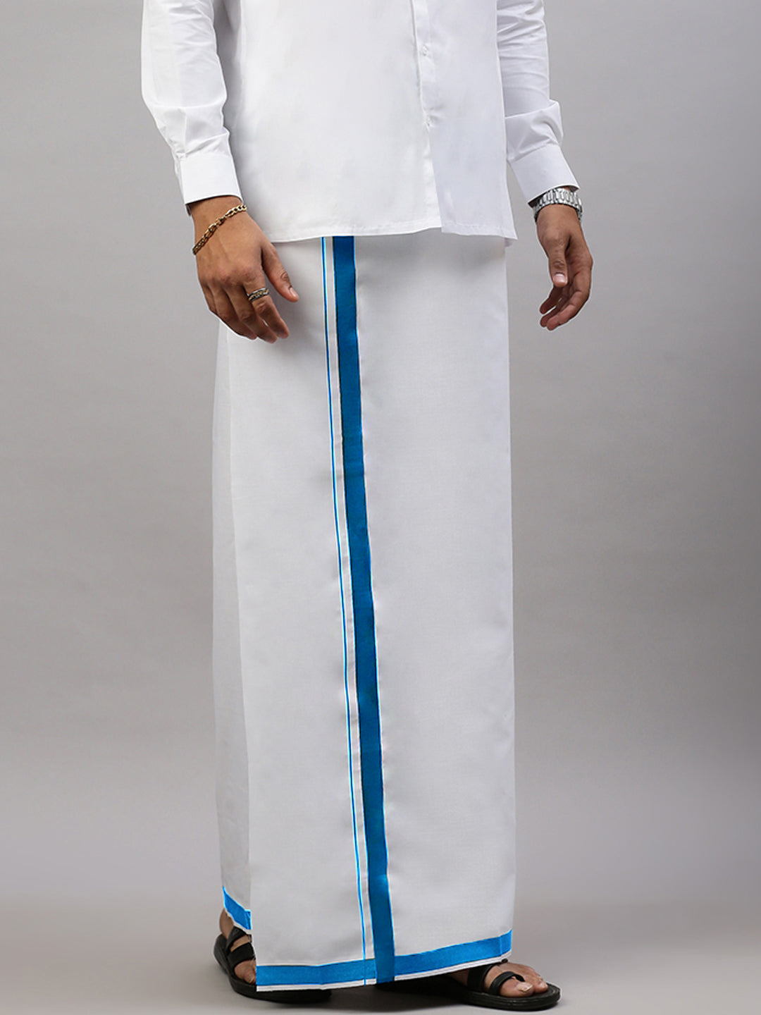 Men Blue Border Single Layer White Dhoti Winner Spl WS20