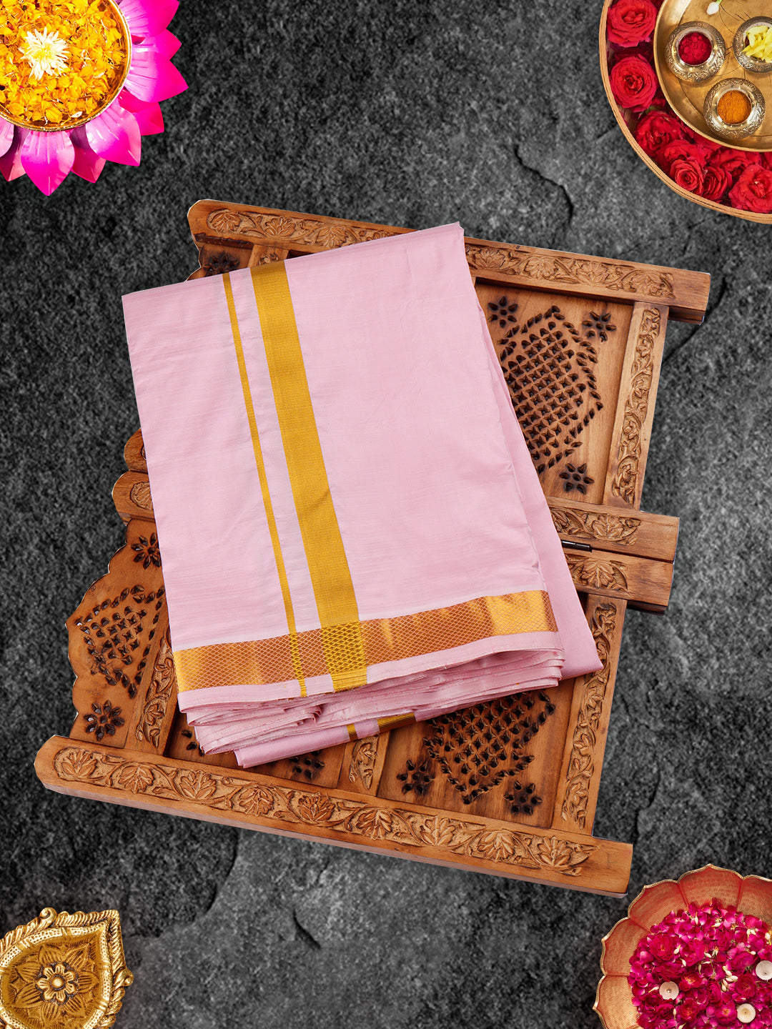 Premium Pure Silk Pink Dhoti With Angavastram 1" Gold Jari Border Thirukalyan