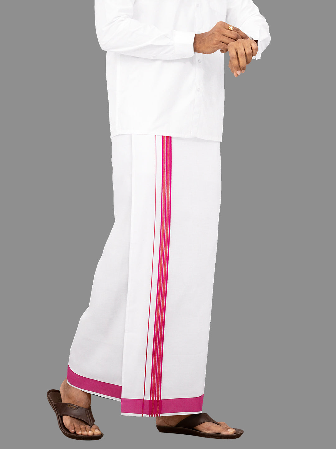 Men White with Pink Fancy Jari Border Single Layer Dhoti YGF04