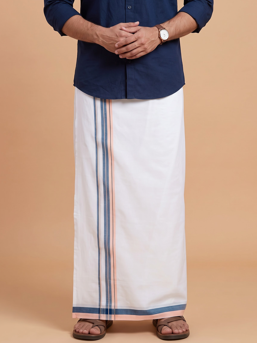 Double Layer 100% Cotton White Dhoti With Colour Jari Border - EJF31
