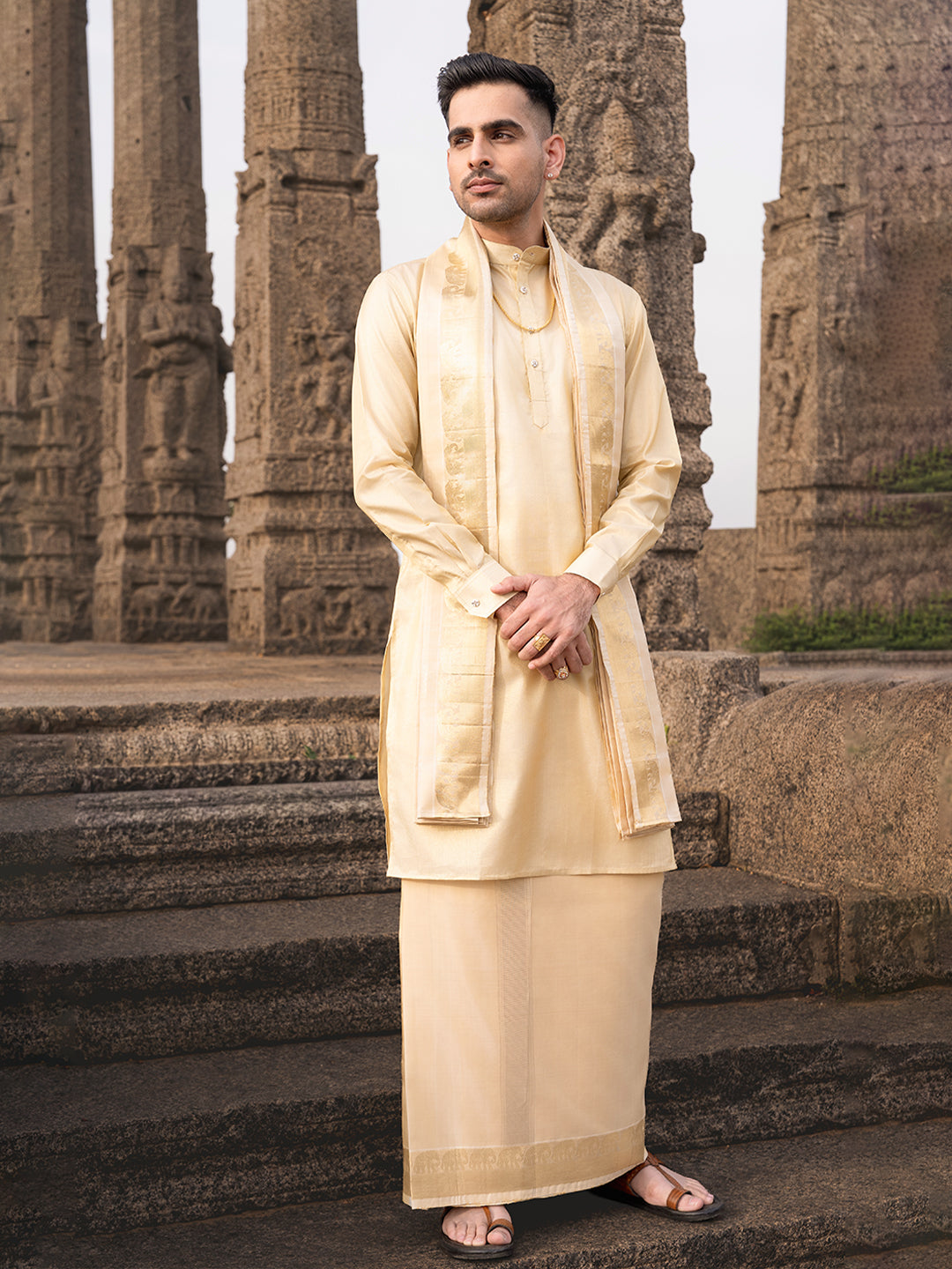 Pure Silk 3" Elephant Jari Border Wedding Dhoti & Towel Set – Amirtham