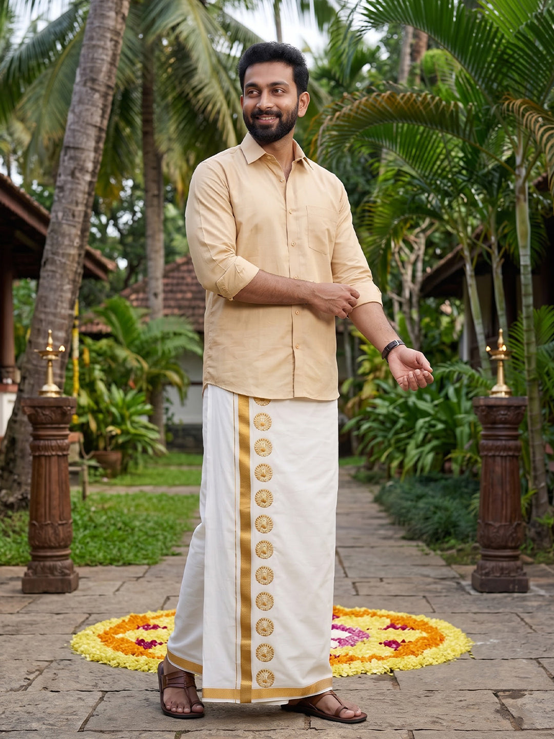 Double Layer Cotton Cream Dhoti with Colour Jari Border - GCC01