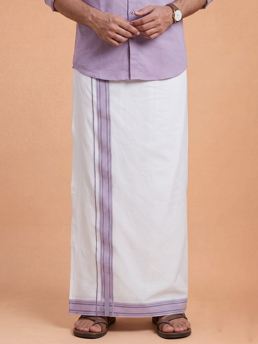 Double Layer 100% Cotton White Dhoti With Colour Jari Border - EJF32