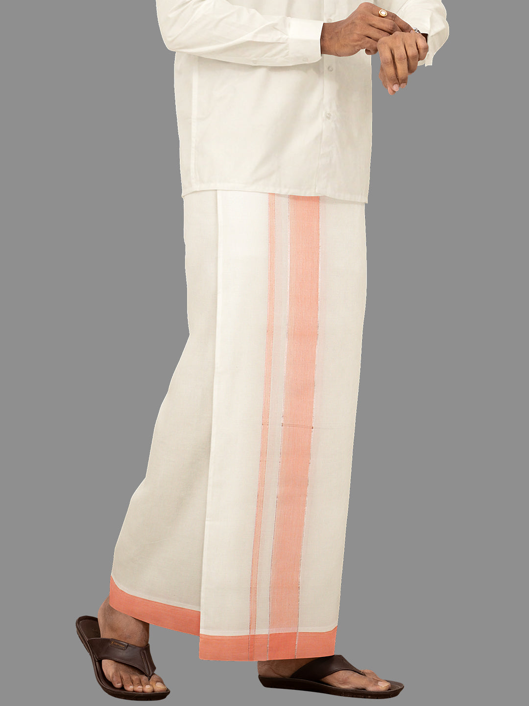 Men Orange Fancy Jari Border Kora Double Dhoti Harmony Fancy