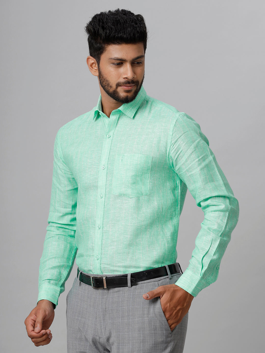 Mens Heroic Pure Linen Striped Green Colour Shirt LS15