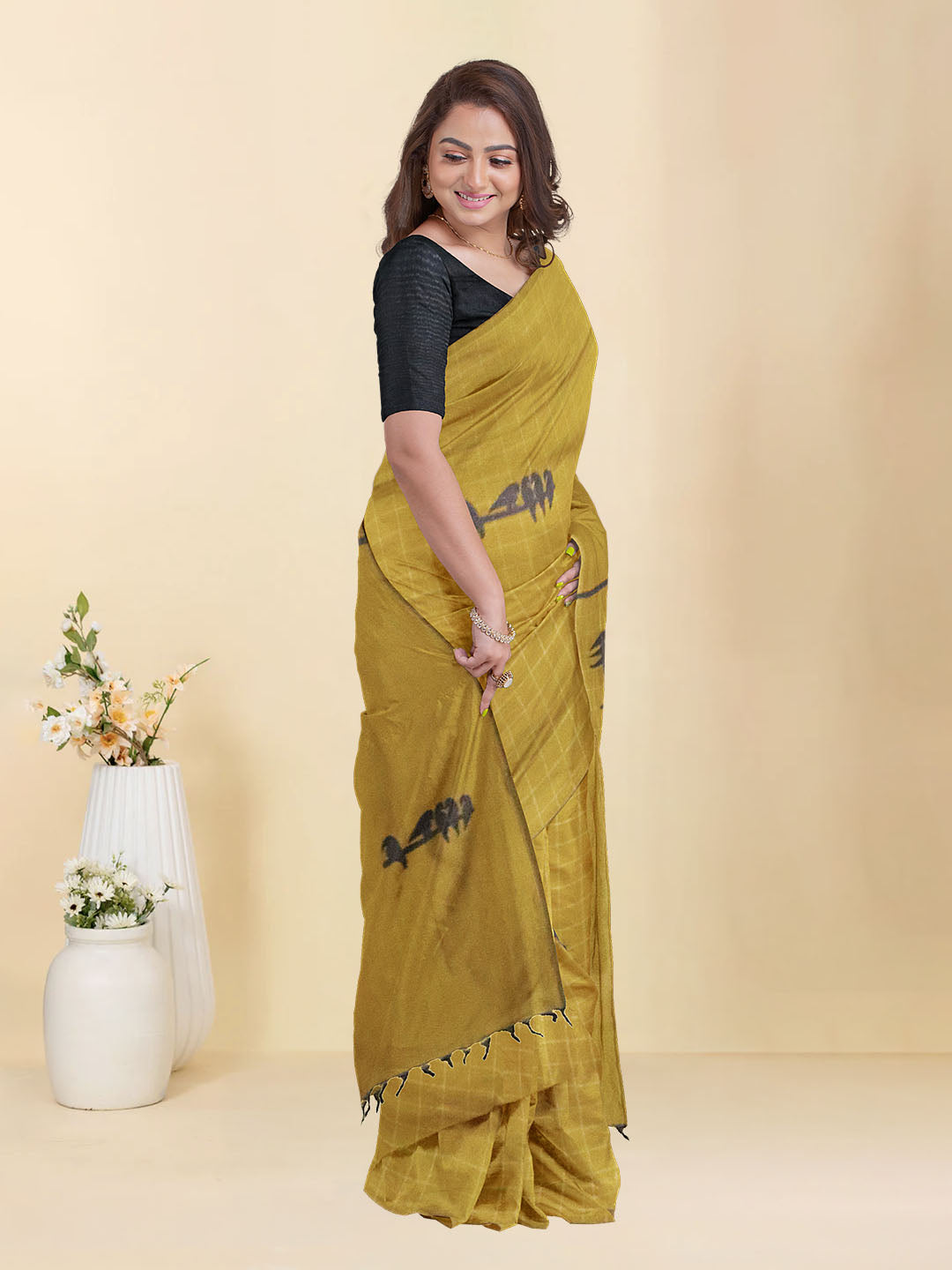 Women Pure Cotton Mustard Brown Saree PCS266
