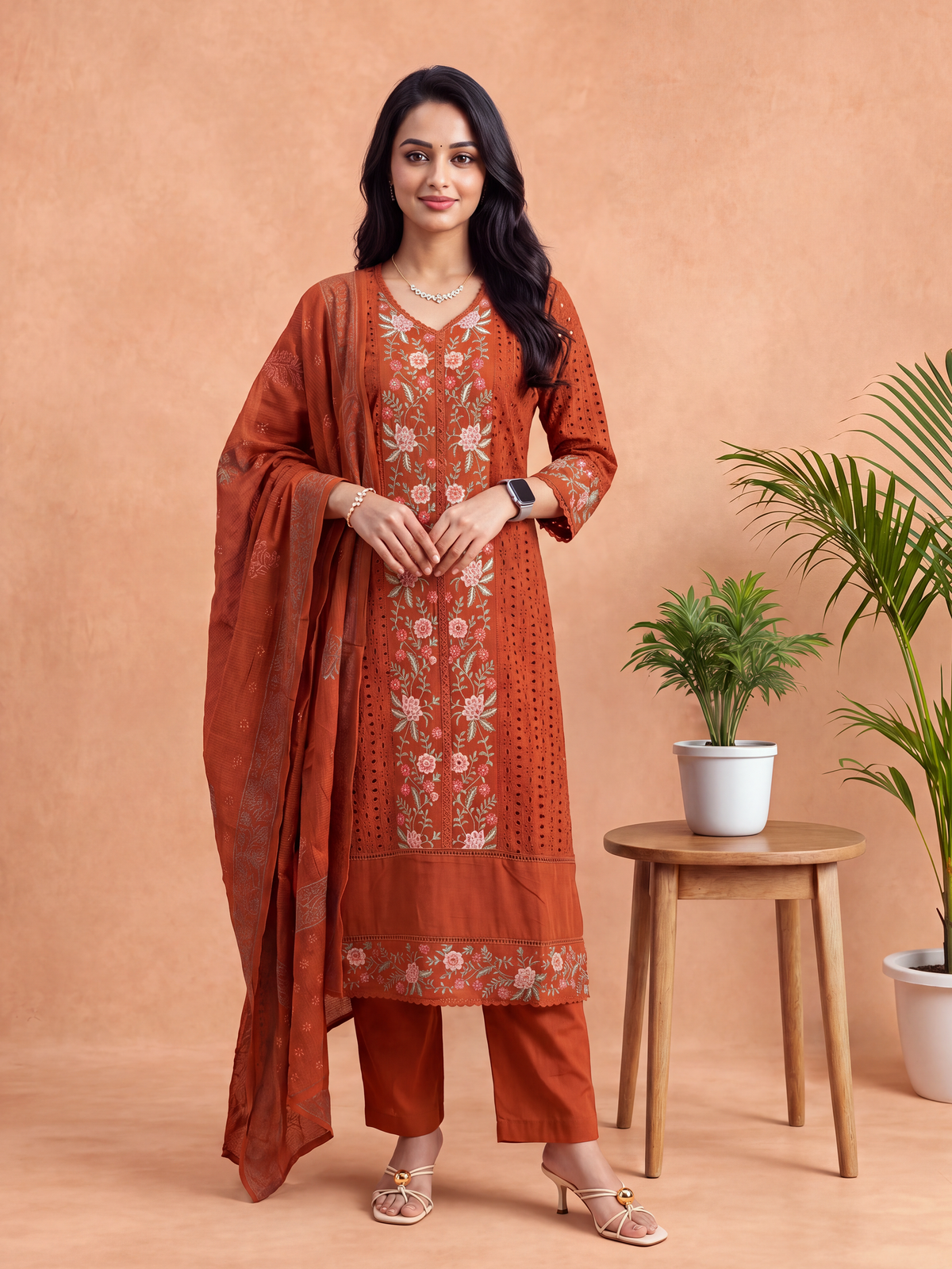 Women Embroidered Orange Kurti Set EKS154