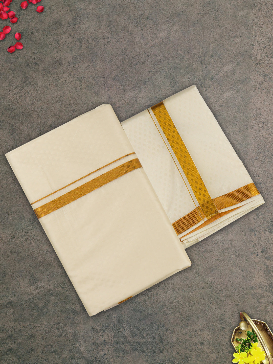 Men Gold Border Double Dhoti & Towel Set Ishwaryam Embose