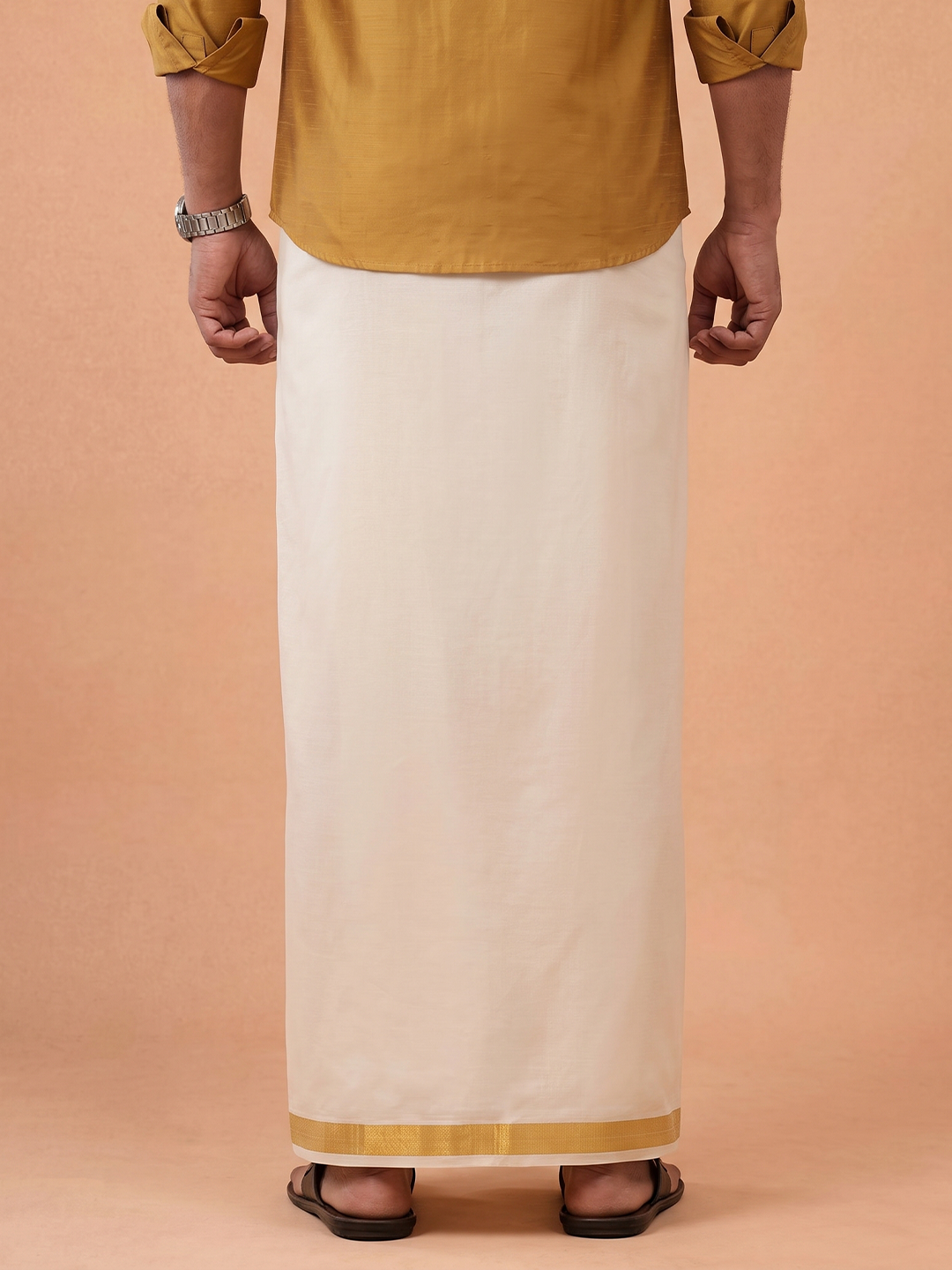 Double Layer Cotton Cream Kora Dhoti With Gold Jari Border - HF Gold HFG06