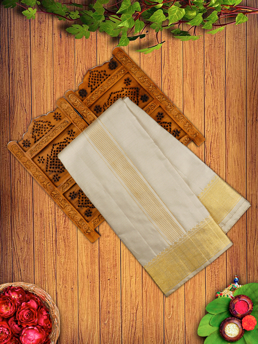 Premium Pure Silk Tissue Gold Dhoti With Angavastram 4" Jari Border Agarshanaa-View one
