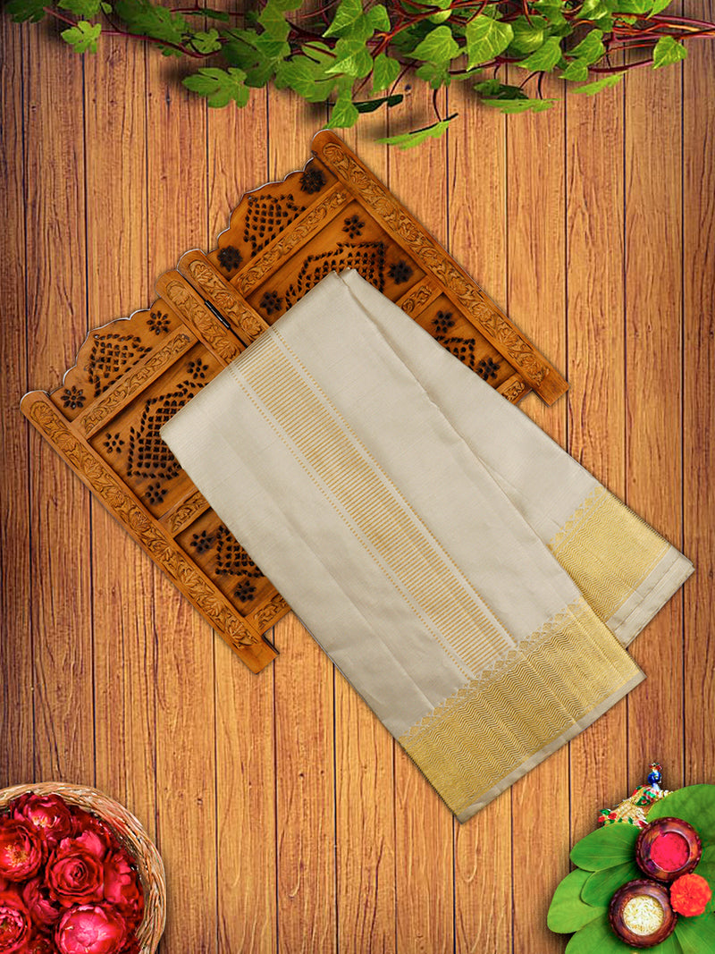 Premium Pure Silk Tissue Gold Dhoti With Angavastram 4" Jari Border Agarshanaa
