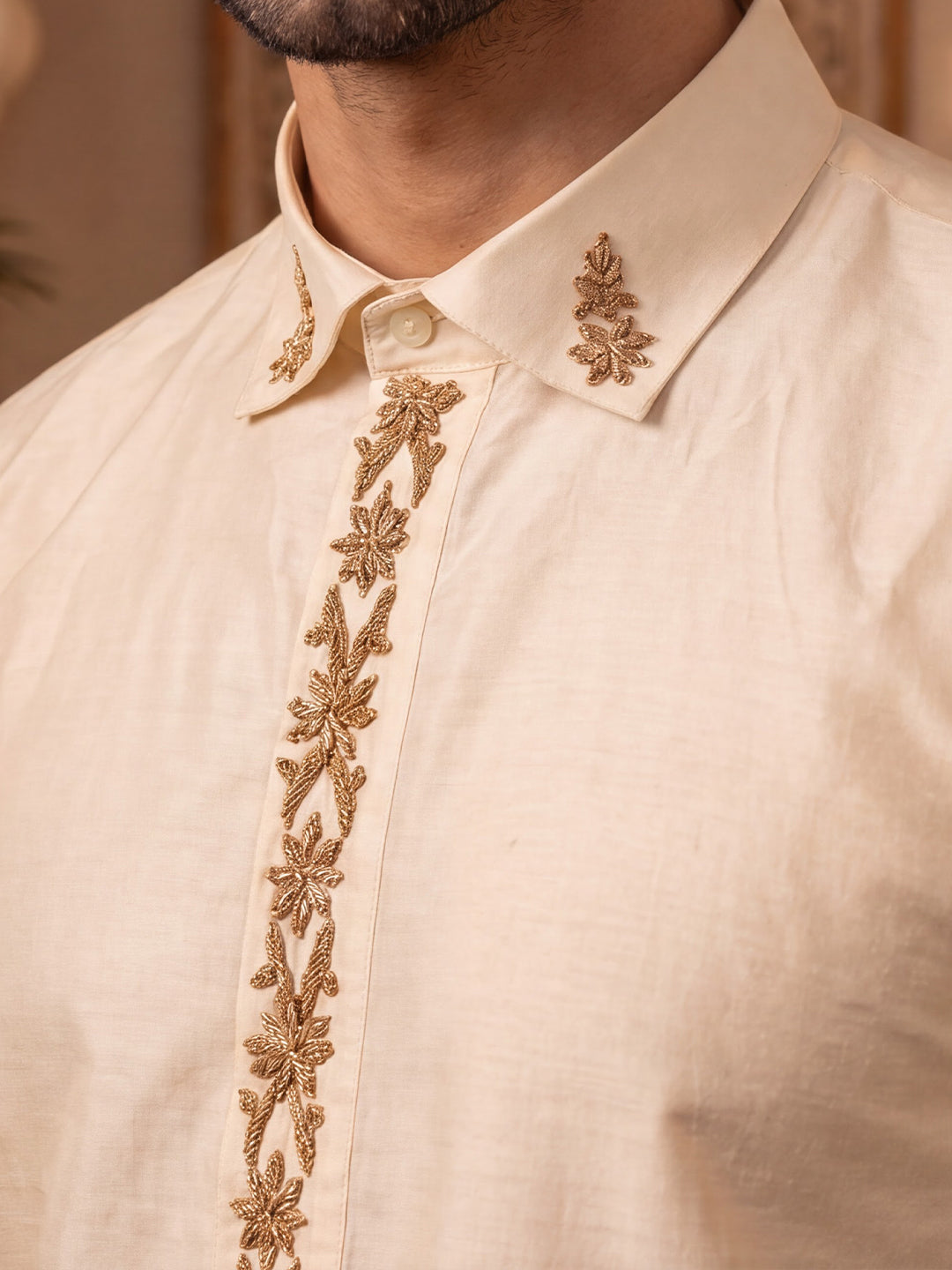 Premium Pure Tussar Silk Butterfly Hand Embroidered Customized Shirt & Dhoti Set with Zari Dozi Work on Collar & Cuffs | Vyoma Vaibhavam
