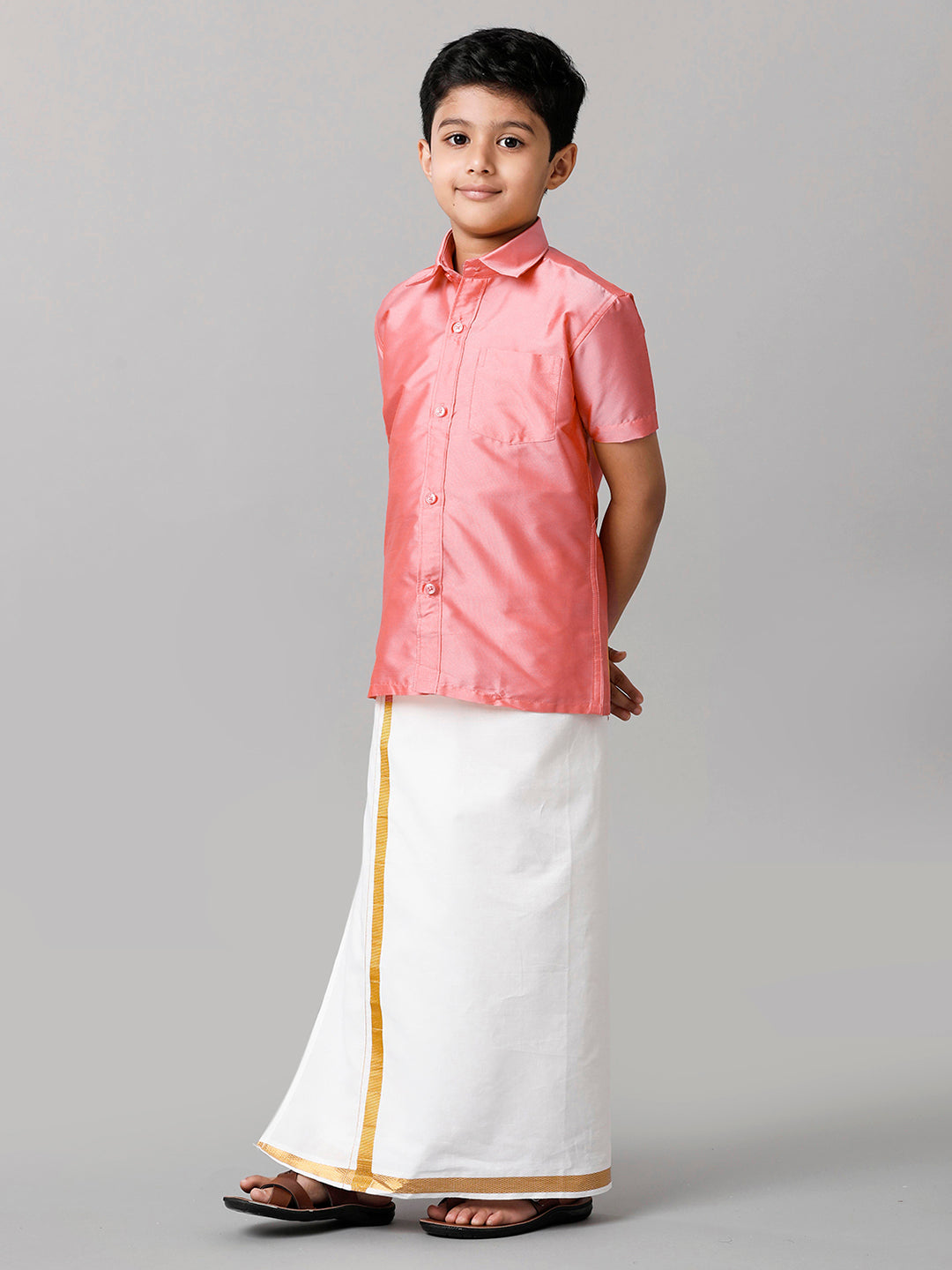 Boys Pink Half Sleeves Shirt with White Dhoti Combo K45