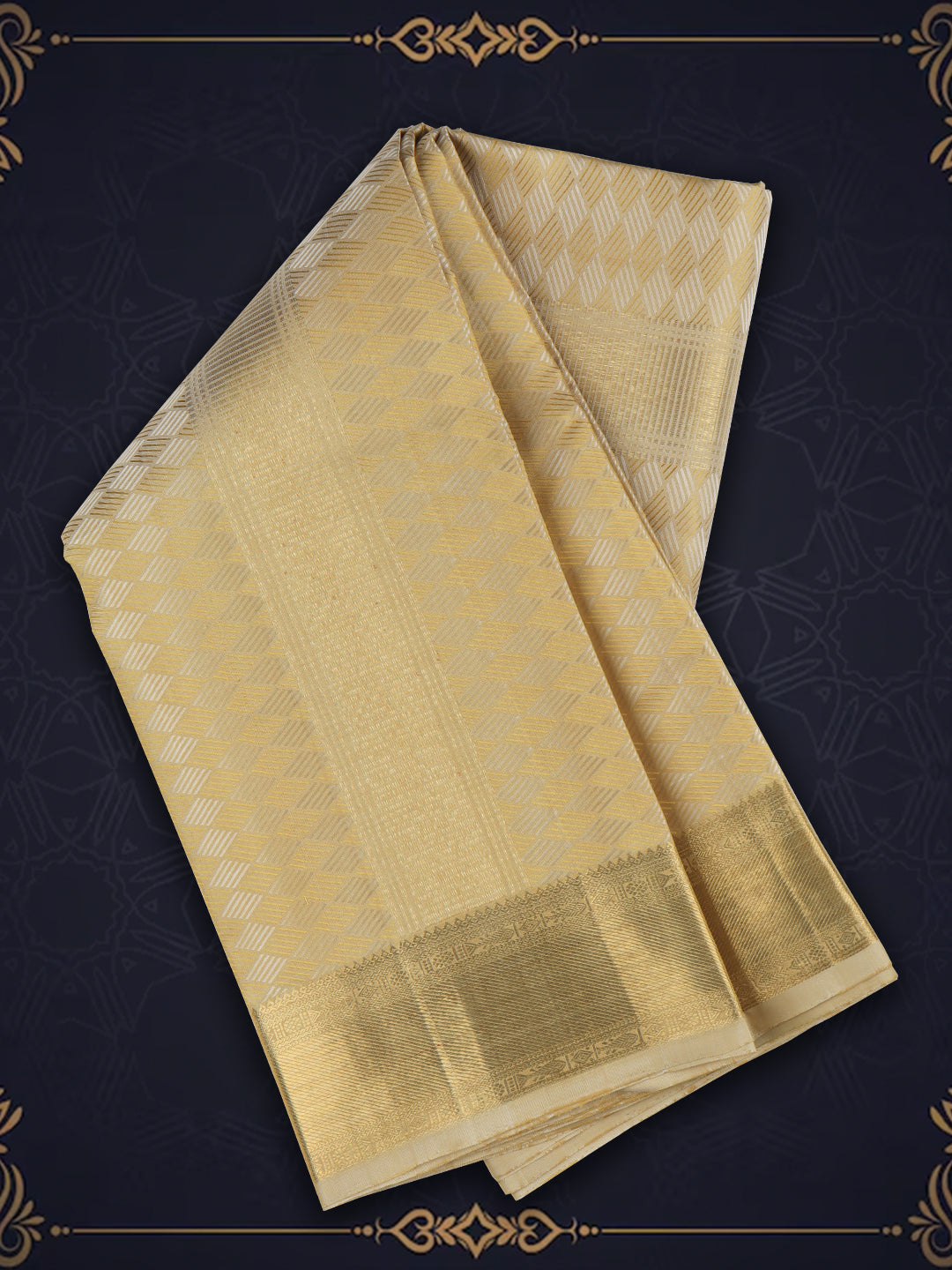 Men Pure Silk Dhoti and Towel Set with 3" Gold Jari Border Virutcham