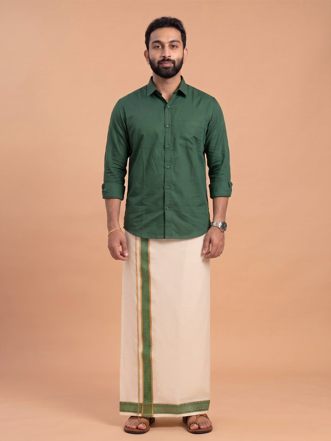 Double Layer 100% Cotton Cream Kora Dhoti with Colour Jari Border - CF02